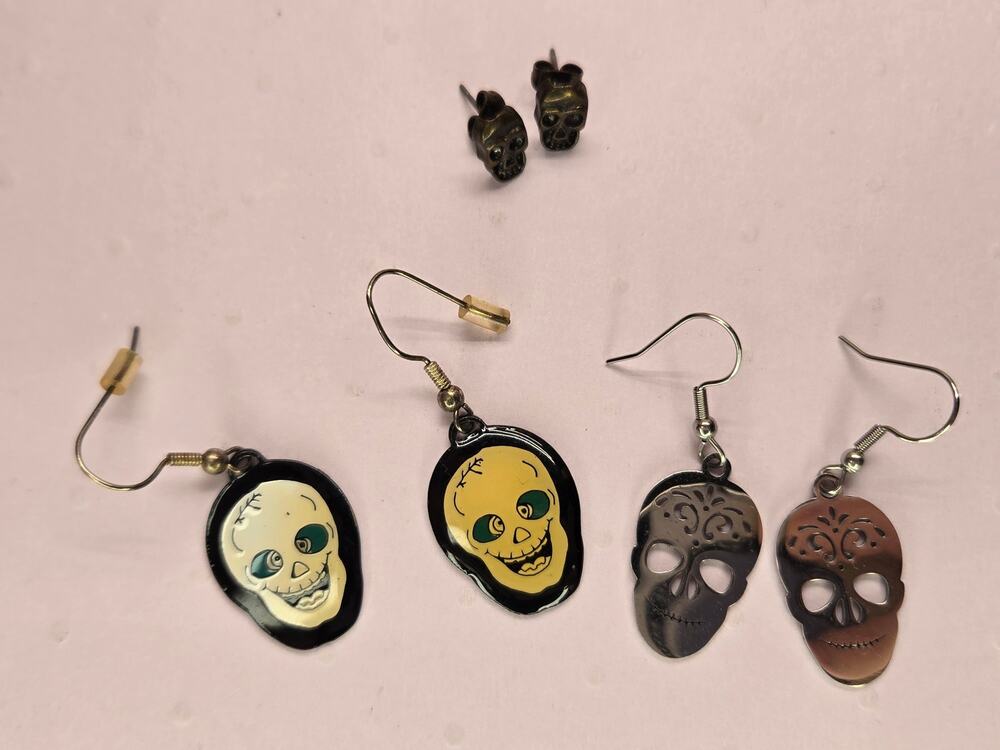 Vintage Halloween Skull Earring Lot Spooky Gothic Studs Dangles Costume Jewelry